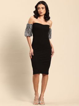 Qurvii - Off-Shoulder Bodycon Knee Length Dress with Sequin Sleeves