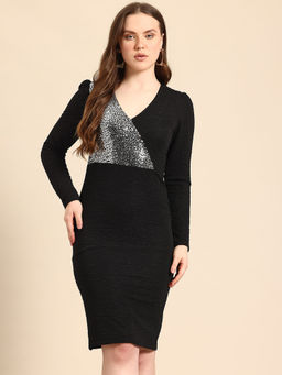 Qurvii - Black Bodycon Knee Length Dress with Sequin Embellishment
