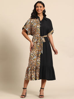 Qurvii - Color-Block Regular Midi Dress with Belt (Set of 2)