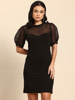 Qurvii - Black Bodycon Mini Dress with Puff Sleeves