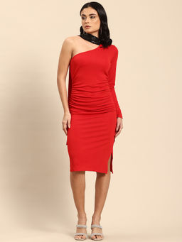 Qurvii - Red Bodycon Knee Length Dress with Sequin Tail