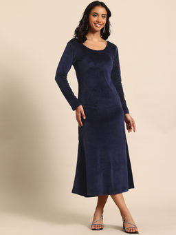 Qurvii - Velvet Bodycon Blue Midi Dress with Back Sequin Tie-Knot