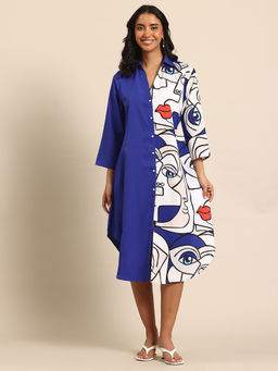 Qurvii - Print Crepe Blue Shirt Midi Dress