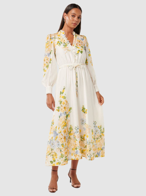 forever new floral midi dress Discover the Yasmin Floral Appliqu Midi Dresswhere elegance meets effortless charm. Perfect for weddings and smart-casual occasions, this beautifully detailed piece features long blouson sleeves, a removable waist tie with floral accents,