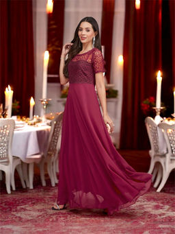 Miss Chase - Women Pink Solid Lace Overlaid Maxi Dress