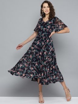 RARE - Navy Blue & Pink Floral Printed Fit And Flare Dress