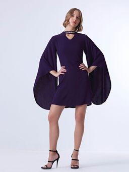 Cover Story - Purple Solid Flared Sleeves High Neck Mini Dress