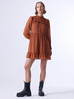 Cover Story - Brown Self Design Balloon Sleeve High Neck Mini Dress