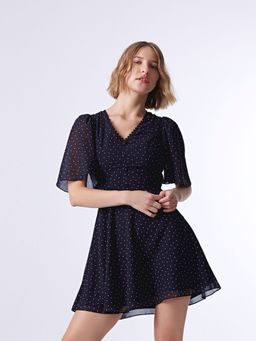 Cover Story - Black Polka Dots Half Sleeves V-Neck Mini Dress