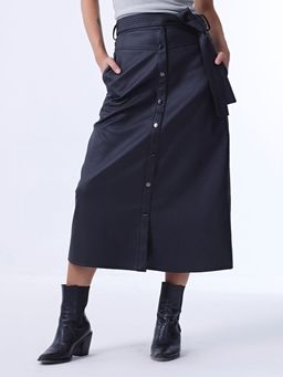 Cover Story - Black Solid Midi Skirt With Belt (Set of 2)