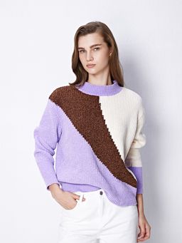 Cover Story - Purple Colorblock Full Sleeves High Neck Sweater