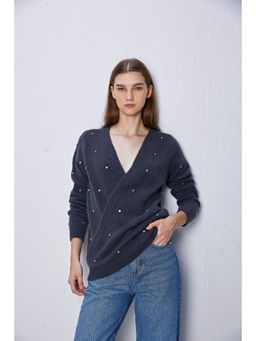 Cover Story - Grey Embellished Full Sleeves V-Neck Sweater