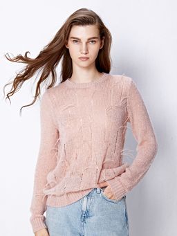 Cover Story - Pink Woven Full Sleeves Round Neck Sweater