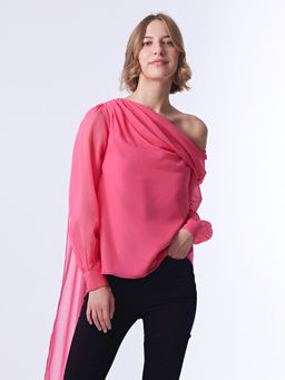 Cover Story - Pink Solid Full Sleeves One Shoulder Top