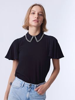 Cover Story - Black Embellished Half Sleeves Collar Neck Top