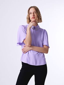 Cover Story - Lavender Embellished Half Sleeves Collar Neck Top