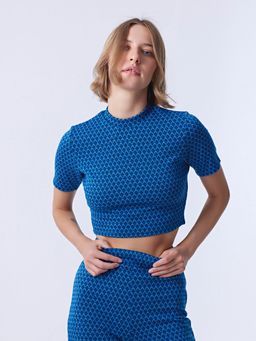 Cover Story - Blue Textured Half Sleeves High Neck Crop Top