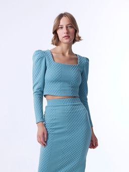 Cover Story - Blue Textured Full Sleeves Square Neck Crop Top