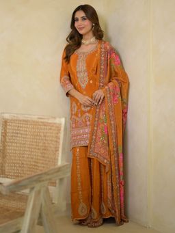 Libas Art - Orange Art Embroidered Silk Crepe Straight Kurta And Palazzo With Dupatta