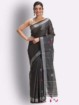 Angoshobha - Black Cotton Blended Handloom Jamdani Saree with Unstitched Blouse