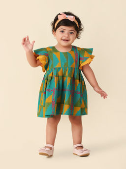 Fabindia - Green Geometric Print Round Neck Girls A-Line Dress