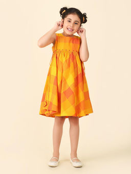 Fabindia - Yellow Checks Print Sleeveless Knee Length Girls A-Line Dress
