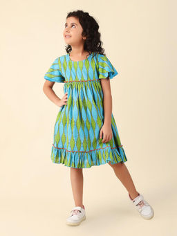 Fabindia - Blue Block Print Short Sleeves Knee Length Girls A-Line Dress