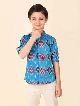 Fabindia - Blue Woven Ikat Roll-Up Sleeves Waist Length Boys Shirt