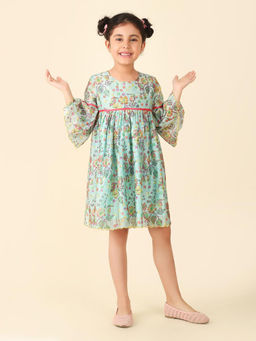 Fabindia - Silk Teal Floral Print Round Neck Girls A-Line Dress
