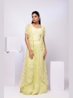 SMRITI - Lime Yellow Wildflower Jacket And Drape Skirt Set With Blouse