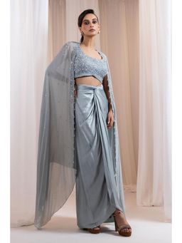SMRITI - Grey Celestine Drape Skirt And Blouse With Dupatta