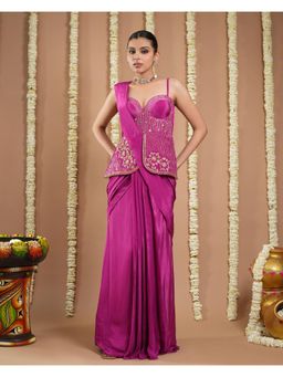 AHI Clothing - Grape Wine Long Corset Pre - Draped Saree With Stitched Blouse with Stitched