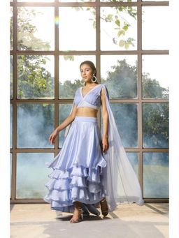 ISHA GUPTA TAYAL - Lavender Periwinkle Women Embroidered Top Attached With Dupatta And Skirt