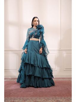 ISHA GUPTA TAYAL - Teal Jade Women Embroidered Lehenga With Blouse And Dupatta