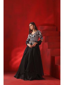 ISHA GUPTA TAYAL - Black Women Embroidered Jacket With Lehenga And Dupatta