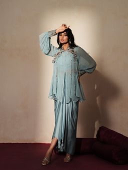 ISHA GUPTA TAYAL - Blue Neelkamal Women Embroidered Top With Bustier And Skirt