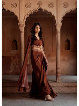 ISHA GUPTA TAYAL - Brown Ziya Women Embroidered Top With Skirt