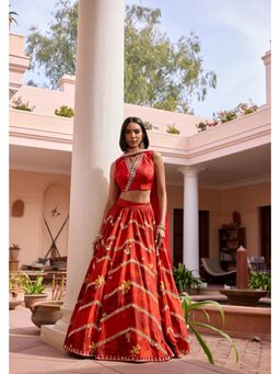 ISHA GUPTA TAYAL - Red Stringer Women Embroidered Lehenga With Blouse And Dupatta