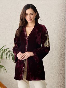 First Resort by Ramola Bachchan - Maroon Paisley Hand Embroidered Velvet Blazer