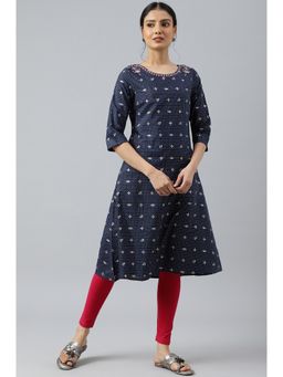 W - Navy Blue Printed A-line Kurta With Embroidery