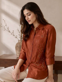 House Of Muher - Iris Muslin Embroidered Shirt- Brown