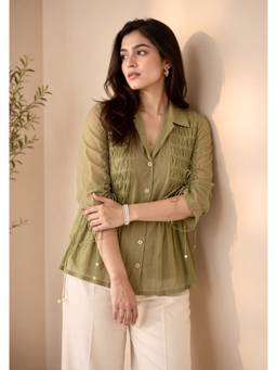 House Of Muher - Althea Mul-Chanderi Embroidered Shirt- Olive Green
