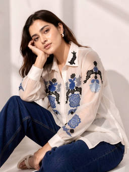 House Of Muher - Elara Organza Embroidered Shirt- Off White