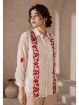 House Of Muher - Solene Mul-Chanderi Embroidered Shirt- Off White