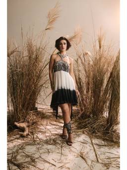ASHNA VASWANI - Black Zebra Print High-Low Boho Chanderi Dress