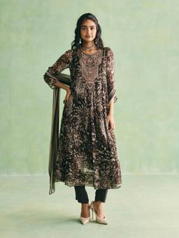 Aarke Ritu Kumar - Brown Polyester Floral Kurta Pant with Dupatta