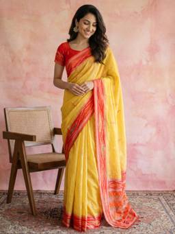 Globus - Yellow Cotton Silk Saree with Unstitched Blouse