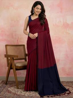 Globus - Maroon Cotton Silk Saree with Unstitched Blouse