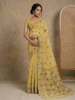 Globus - Yellow Cotton Silk Woven Saree with Unstitched Blouse