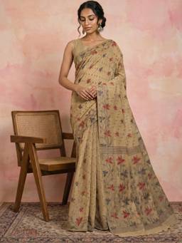Globus - Beige Cotton Silk Woven Saree with Unstitched Blouse